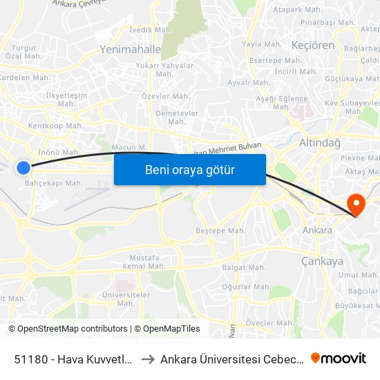 51180 - Hava Kuvvetleri Müzesi to Ankara Üniversitesi Cebeci Yerleşkesi map