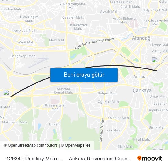 12934 - Ümitköy Metro İstasyonu to Ankara Üniversitesi Cebeci Yerleşkesi map