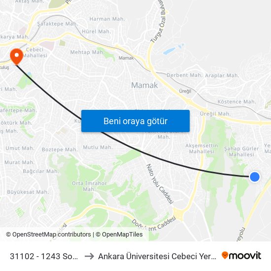 31102 - 1243 Sokak 1 to Ankara Üniversitesi Cebeci Yerleşkesi map