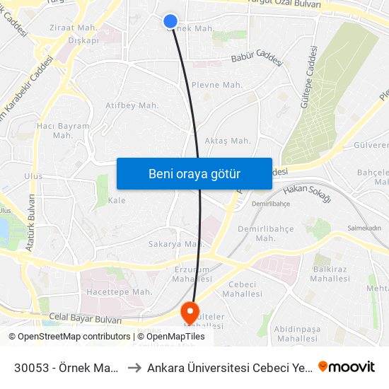 30053 - Örnek Mahallesi to Ankara Üniversitesi Cebeci Yerleşkesi map