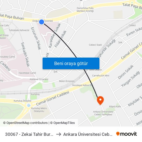 30067 - Zekai Tahir Burak Hastanesi to Ankara Üniversitesi Cebeci Yerleşkesi map