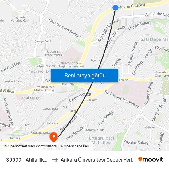 30099 - Atilla İlkokulu to Ankara Üniversitesi Cebeci Yerleşkesi map