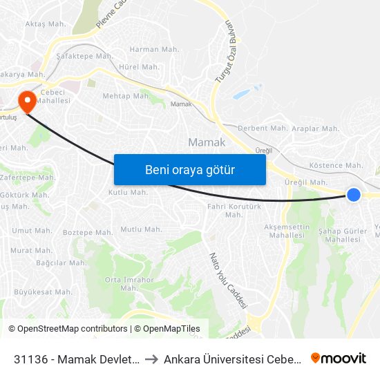 31136 - Mamak Devlet Hastanesi to Ankara Üniversitesi Cebeci Yerleşkesi map