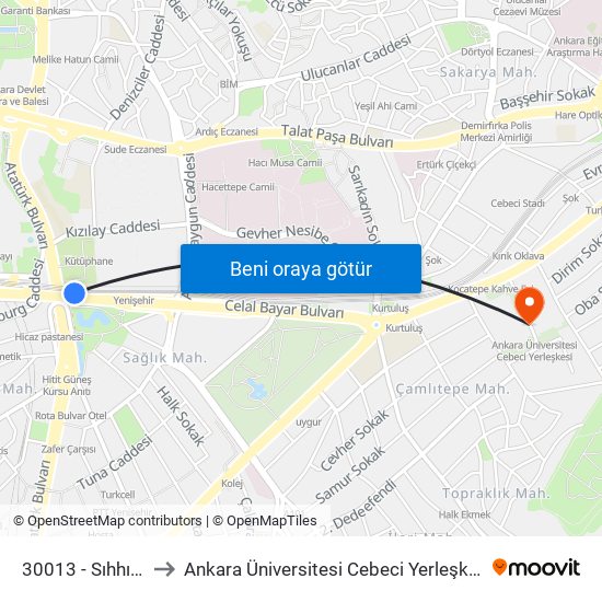 30013 - Sıhhıye to Ankara Üniversitesi Cebeci Yerleşkesi map