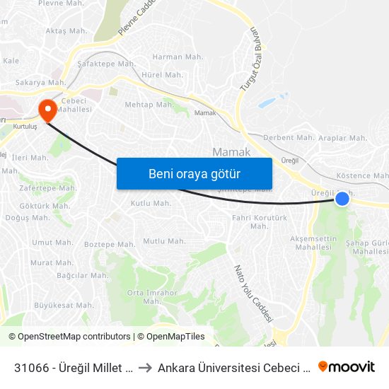 31066 - Üreğil Millet Bahçesi to Ankara Üniversitesi Cebeci Yerleşkesi map