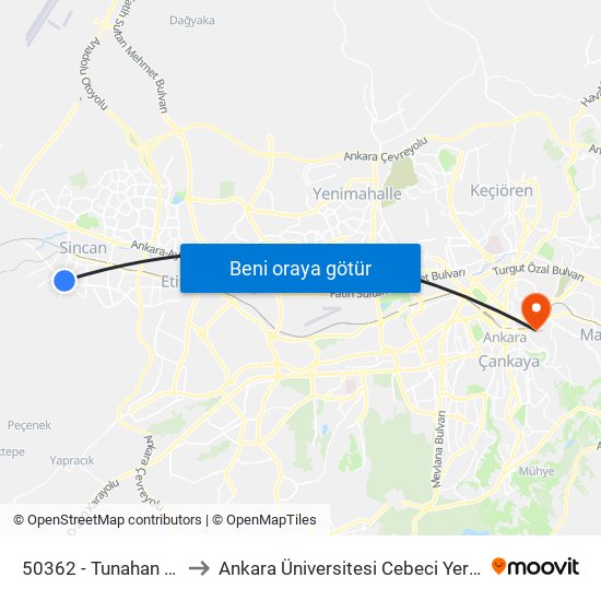 50362 - Tunahan Parkı to Ankara Üniversitesi Cebeci Yerleşkesi map