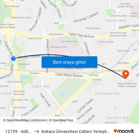 12759 - Adliye to Ankara Üniversitesi Cebeci Yerleşkesi map