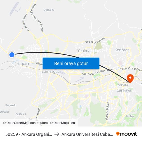 50259 - Ankara Organize Sanayisi to Ankara Üniversitesi Cebeci Yerleşkesi map