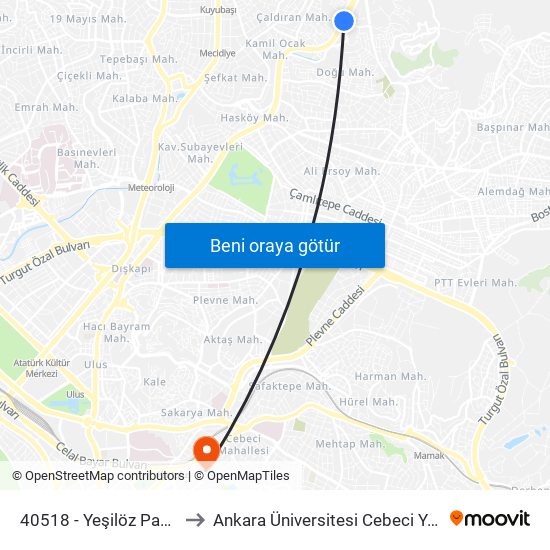 40518 - Yeşilöz Pazar Yeri to Ankara Üniversitesi Cebeci Yerleşkesi map