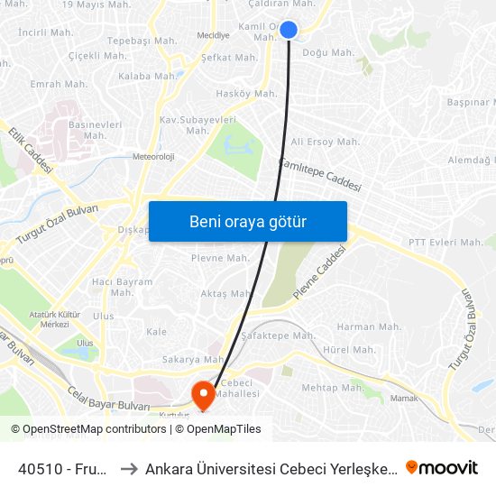 40510 - Fruko to Ankara Üniversitesi Cebeci Yerleşkesi map