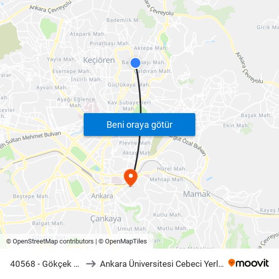 40568 - Gökçek Parkı to Ankara Üniversitesi Cebeci Yerleşkesi map