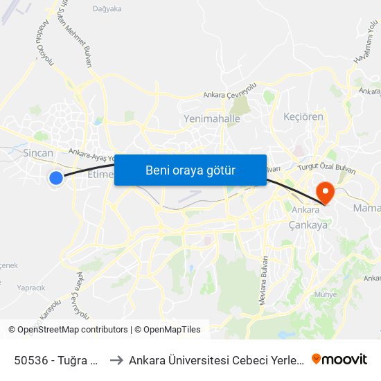 50536 - Tuğra Park to Ankara Üniversitesi Cebeci Yerleşkesi map