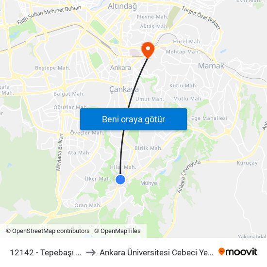 12142 - Tepebaşı Camii to Ankara Üniversitesi Cebeci Yerleşkesi map