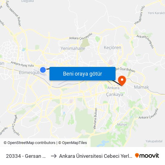 20334 - Gersan Sitesi to Ankara Üniversitesi Cebeci Yerleşkesi map