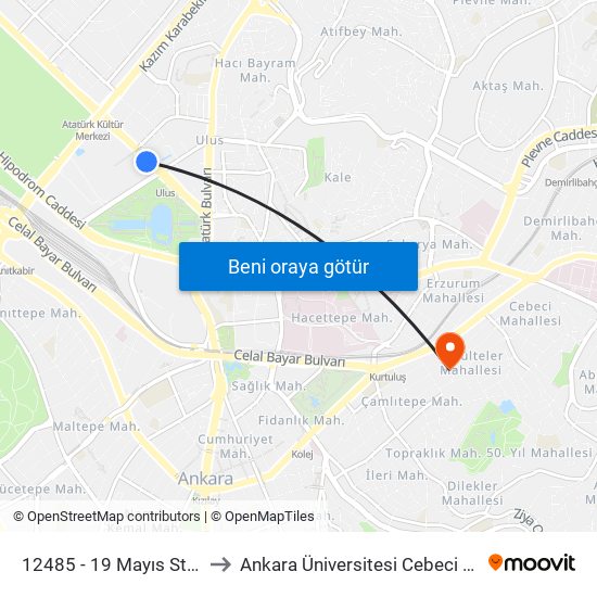 12485 - 19 Mayıs Stadyumu to Ankara Üniversitesi Cebeci Yerleşkesi map