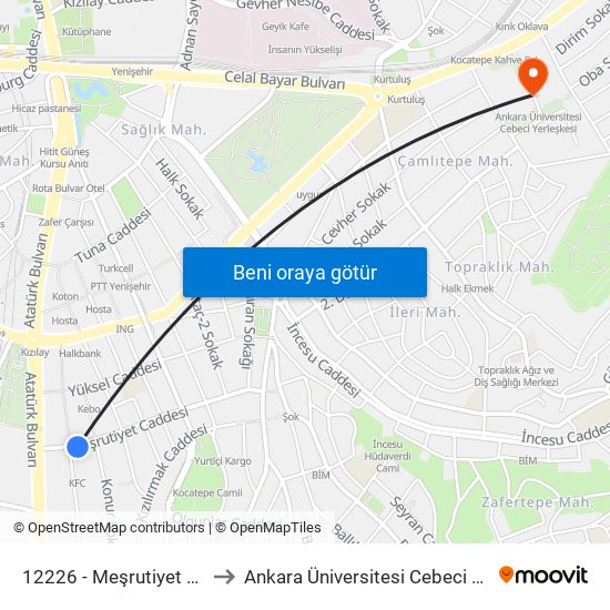 12226 - Meşrutiyet Caddesi to Ankara Üniversitesi Cebeci Yerleşkesi map