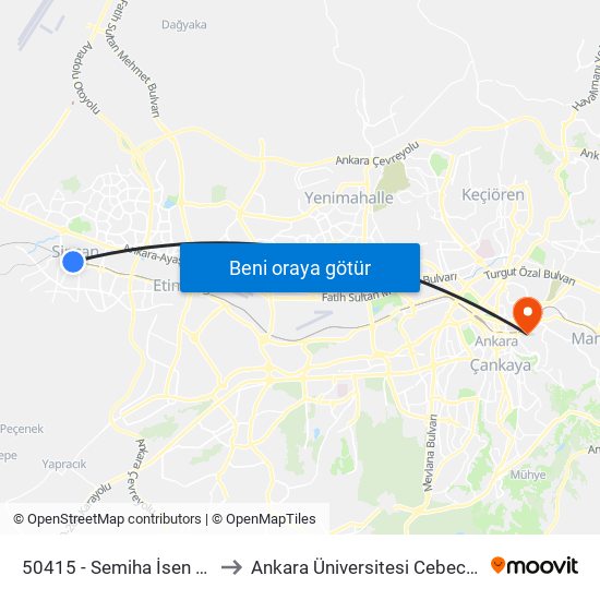 50415 - Semiha İsen Ortaokulu to Ankara Üniversitesi Cebeci Yerleşkesi map