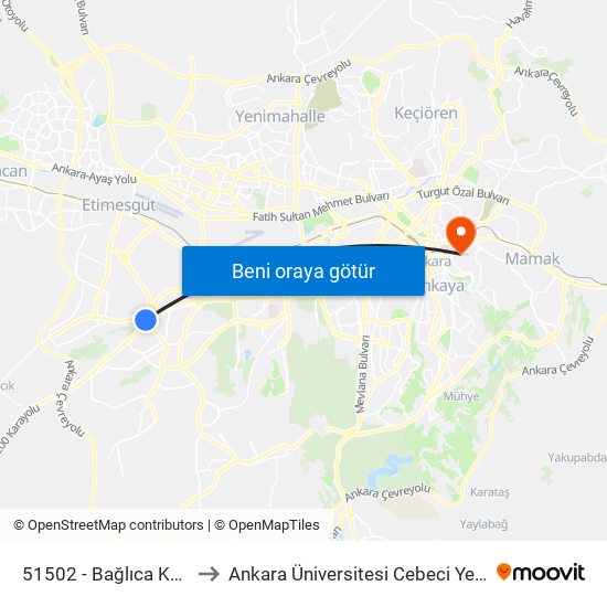 51502 - Bağlıca Kavşağı to Ankara Üniversitesi Cebeci Yerleşkesi map