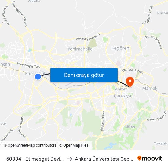 50834 - Etimesgut Devlet Hastanesi to Ankara Üniversitesi Cebeci Yerleşkesi map