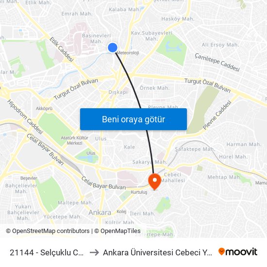 21144 - Selçuklu Caddesi to Ankara Üniversitesi Cebeci Yerleşkesi map