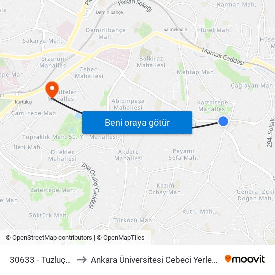 30633 - Tuzluçayır to Ankara Üniversitesi Cebeci Yerleşkesi map