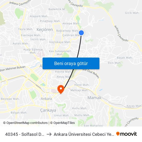 40345 - Solfasol Dörtyol to Ankara Üniversitesi Cebeci Yerleşkesi map