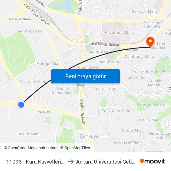 11093 - Kara Kuvvetleri Komutanlığı to Ankara Üniversitesi Cebeci Yerleşkesi map