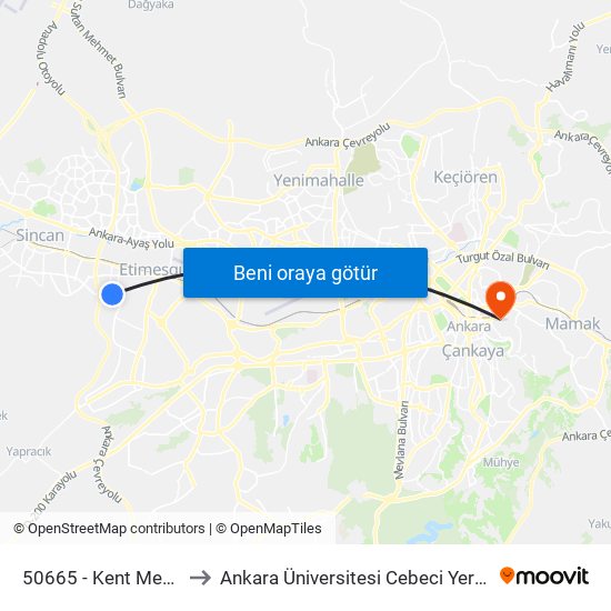 50665 - Kent Meydanı to Ankara Üniversitesi Cebeci Yerleşkesi map