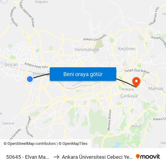 50645 - Elvan Mahallesi to Ankara Üniversitesi Cebeci Yerleşkesi map