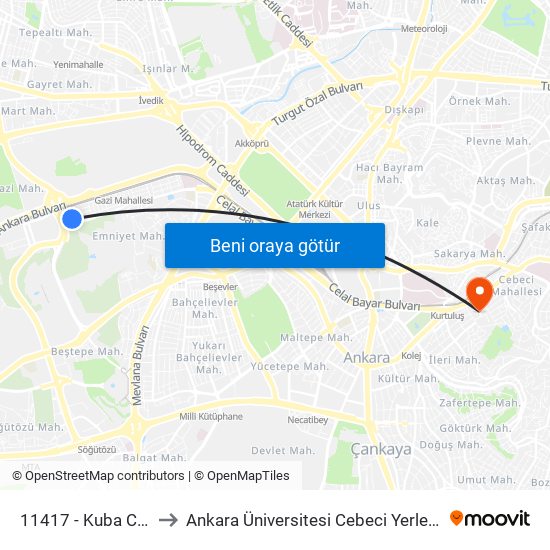 11417 - Kuba Cami to Ankara Üniversitesi Cebeci Yerleşkesi map