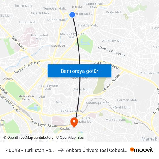 40048 - Türkistan Parkı Durağı to Ankara Üniversitesi Cebeci Yerleşkesi map