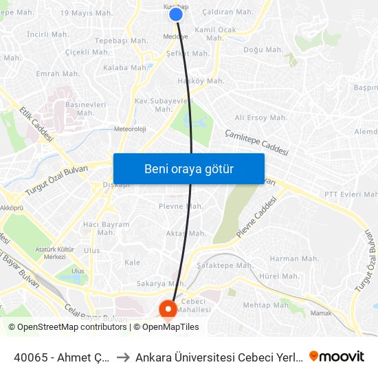 40065 - Ahmet Çavuş to Ankara Üniversitesi Cebeci Yerleşkesi map