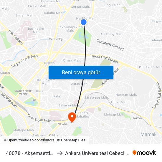 40078 - Akşemsettin Durağı to Ankara Üniversitesi Cebeci Yerleşkesi map
