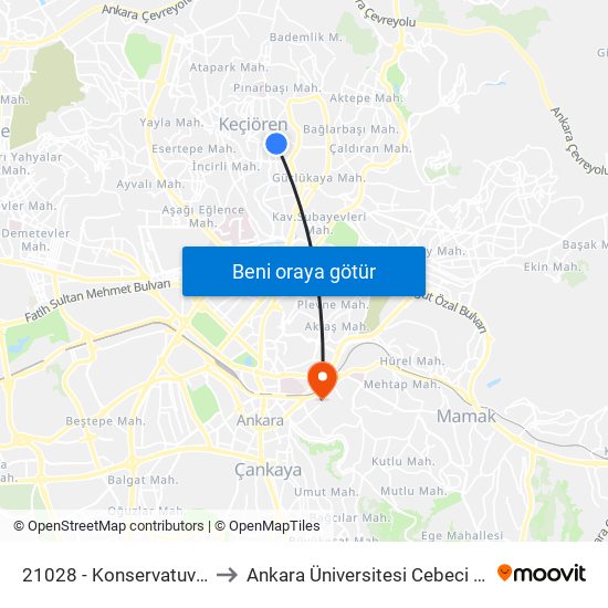 21028 - Konservatuvar Evleri to Ankara Üniversitesi Cebeci Yerleşkesi map