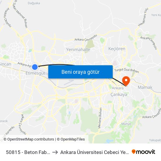 50815 - Beton Fabrikası to Ankara Üniversitesi Cebeci Yerleşkesi map