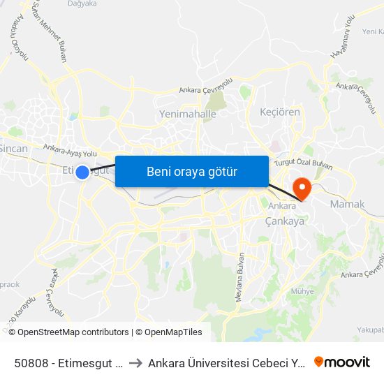 50808 - Etimesgut Zabıta to Ankara Üniversitesi Cebeci Yerleşkesi map