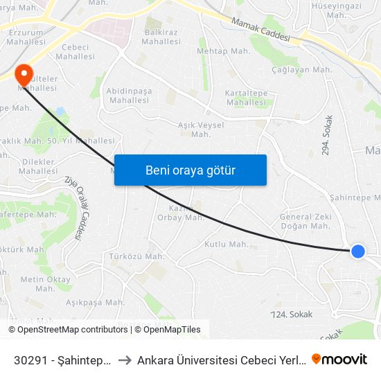 30291 - Şahintepe Ptt to Ankara Üniversitesi Cebeci Yerleşkesi map