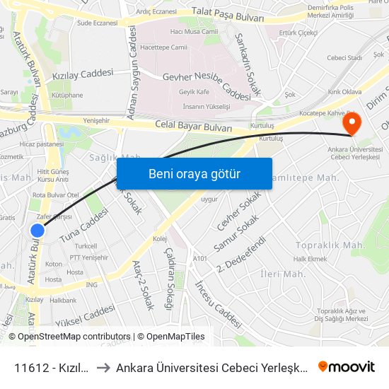 11612 - Kızılay to Ankara Üniversitesi Cebeci Yerleşkesi map