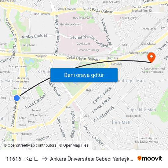 11616 - Kızılay to Ankara Üniversitesi Cebeci Yerleşkesi map