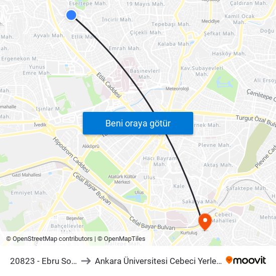 20823 - Ebru Sokak to Ankara Üniversitesi Cebeci Yerleşkesi map