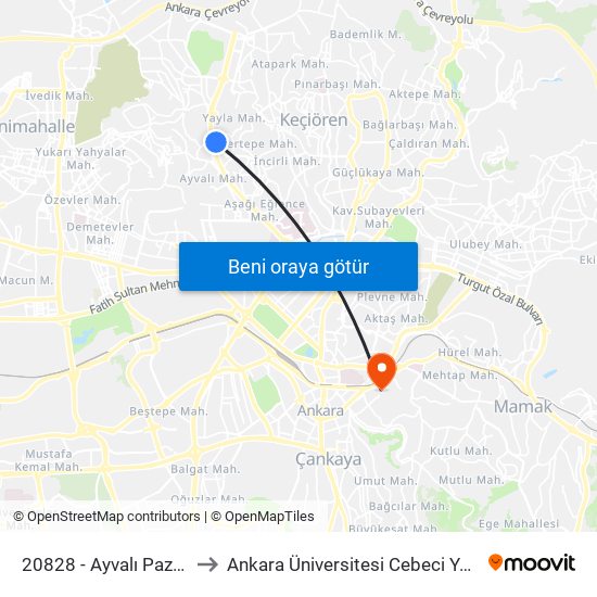 20828 - Ayvalı Pazar Yeri to Ankara Üniversitesi Cebeci Yerleşkesi map