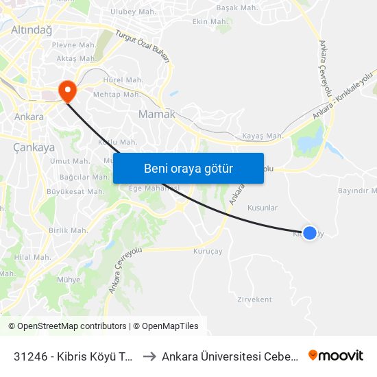 31246 - Kibris Köyü Tekbir Camii to Ankara Üniversitesi Cebeci Yerleşkesi map