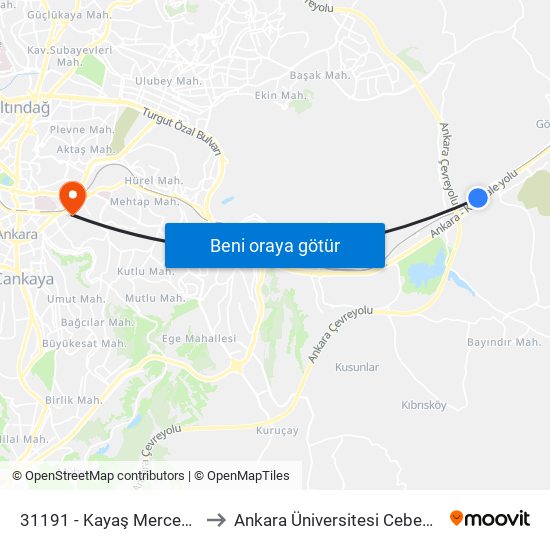31191 - Kayaş Mercedes Servisi to Ankara Üniversitesi Cebeci Yerleşkesi map