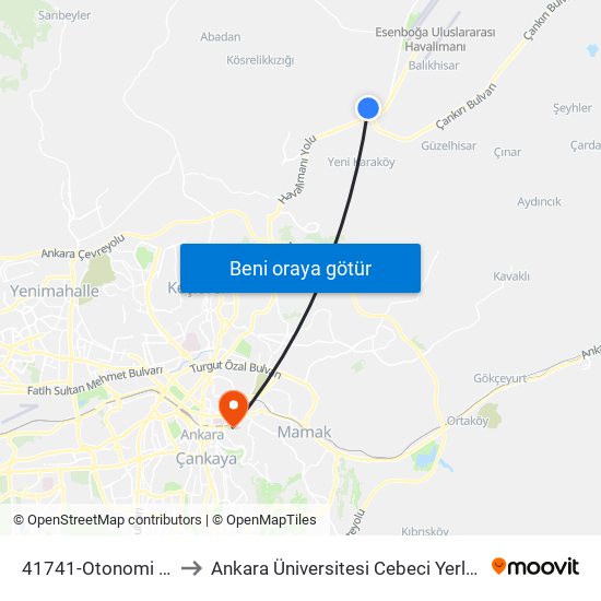 41741-Otonomi Yolu to Ankara Üniversitesi Cebeci Yerleşkesi map