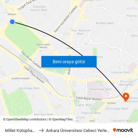 Millet Kütüphanesi to Ankara Üniversitesi Cebeci Yerleşkesi map