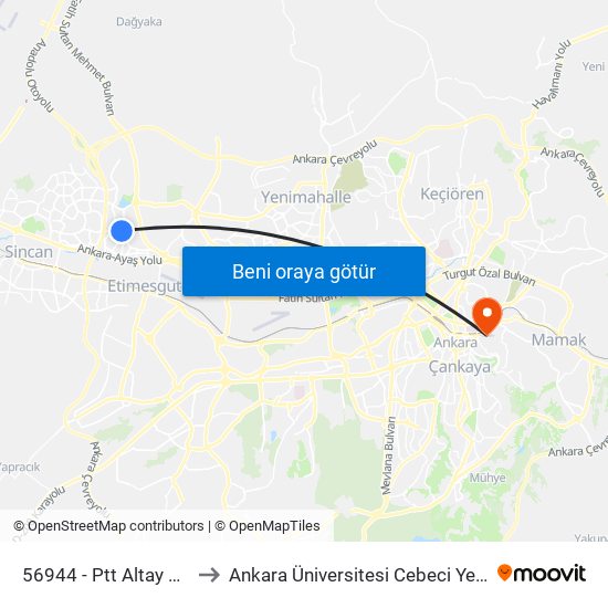 56944 - Ptt Altay Şubesi to Ankara Üniversitesi Cebeci Yerleşkesi map