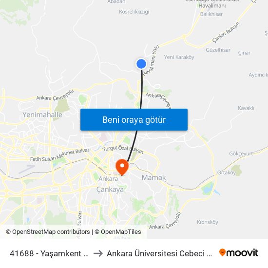 41688 - Yaşamkent Blokları to Ankara Üniversitesi Cebeci Yerleşkesi map