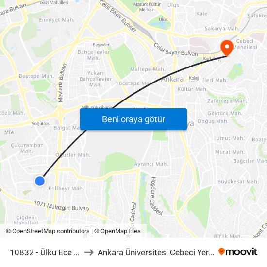 10832 - Ülkü Ece Parki to Ankara Üniversitesi Cebeci Yerleşkesi map