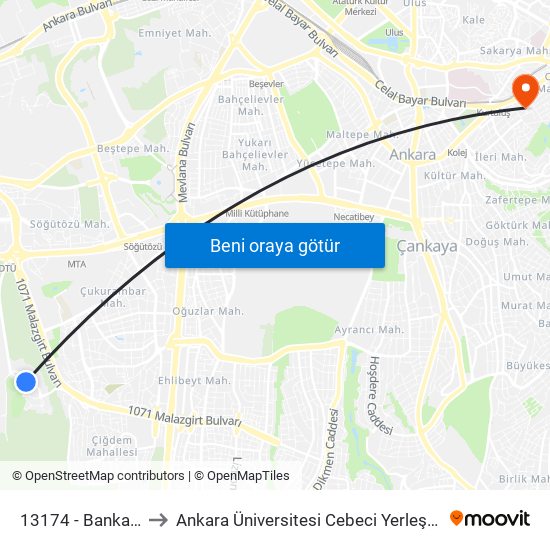 13174 - Bankalar to Ankara Üniversitesi Cebeci Yerleşkesi map