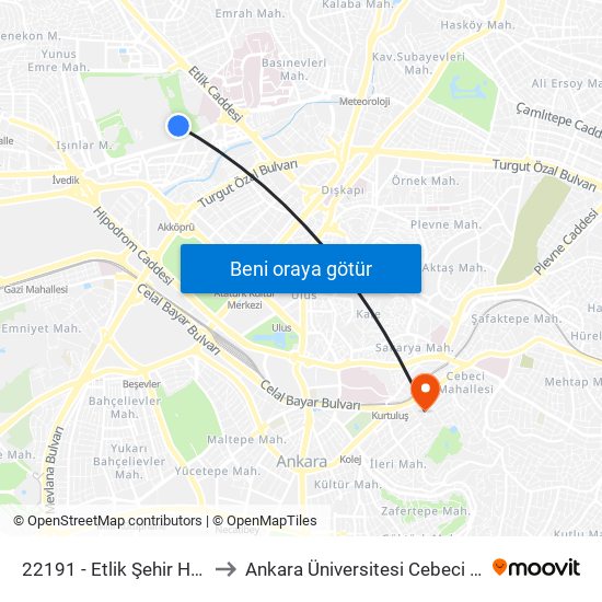 22191 - Etlik Şehir Hastanesi to Ankara Üniversitesi Cebeci Yerleşkesi map